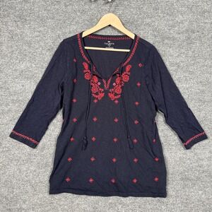 Talbots Womens Plus Size 1X Shirt Boho Black Cotton Embroidered Sequined V Neck